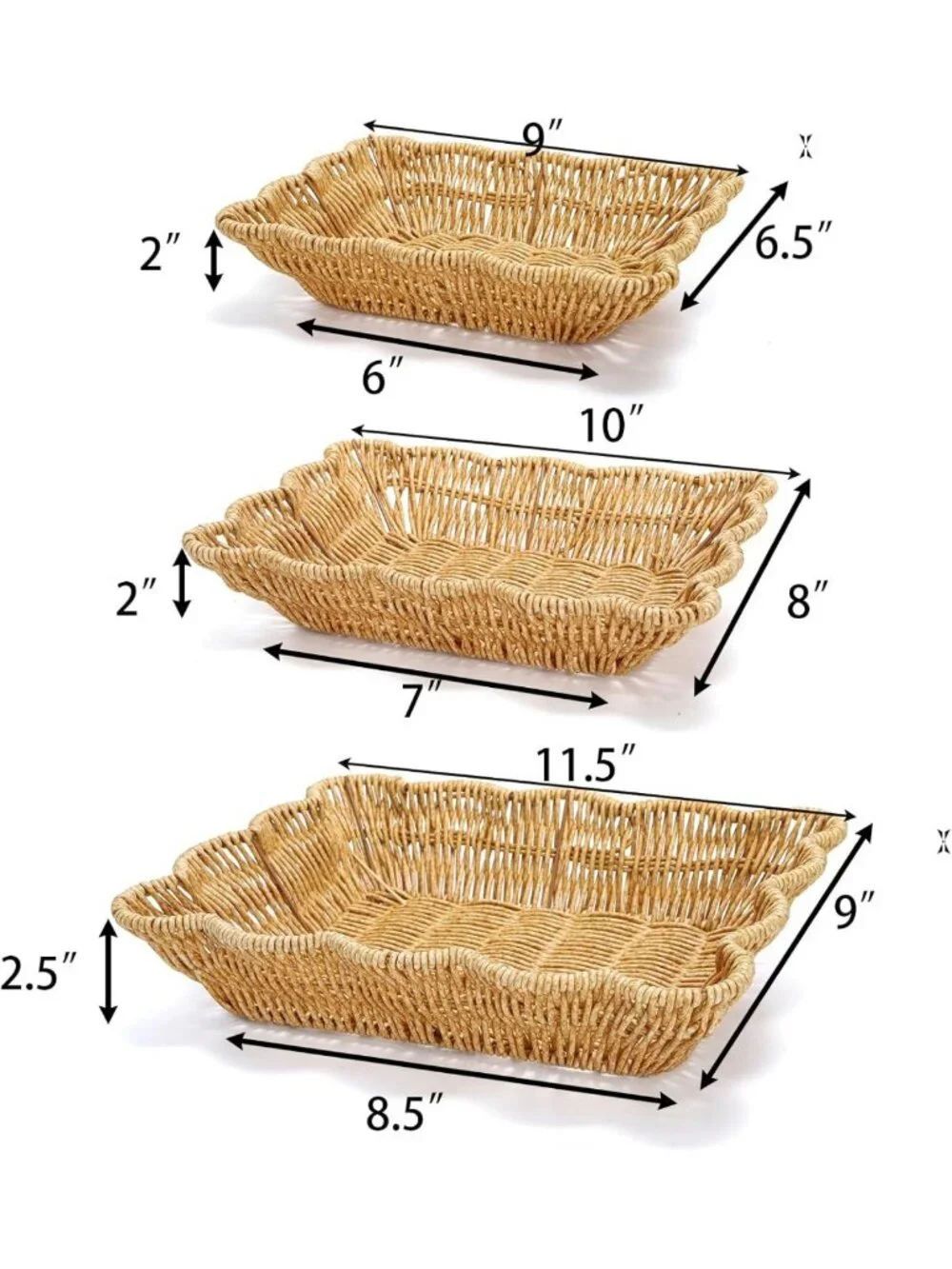 3 Pack Rectangular Woven Serving Baskets - Poly Wicker Fruit & Snack Trays
